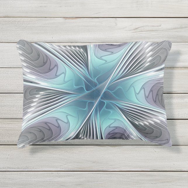 Coussin D'extérieur Élégance Moderne Art Fractal Fleur Bleu Gris Blanc (Devant)
