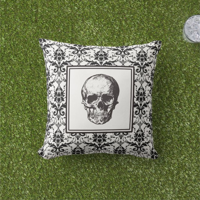 Coussin D'extérieur Élégant crâne noir gothique damassé (Herbe)