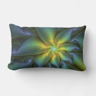 Coussin D'extérieur Étoile abstraite, art fractal doré bleu vert brill