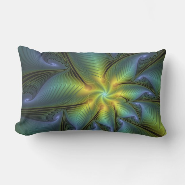 Coussin D'extérieur Étoile abstraite, art fractal doré bleu vert brill (Recto)