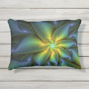 Coussin D'extérieur Étoile abstraite, art fractal doré bleu vert brill