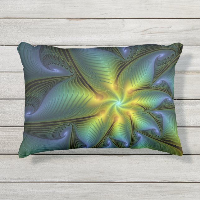 Coussin D'extérieur Étoile abstraite, art fractal doré bleu vert brill (Devant)