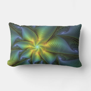 Coussin D'extérieur Etoile Abstraite, Bleu brillant Vert Or Fractal Ar