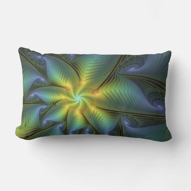 Coussin D'extérieur Etoile Abstraite, Bleu brillant Vert Or Fractal Ar (Recto)