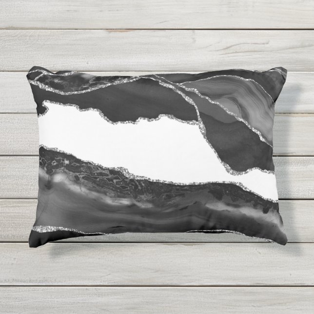 Coussin D'extérieur Fausse Agate Marbrée Noir Blanc Pierre Moderne Ten (Devant)