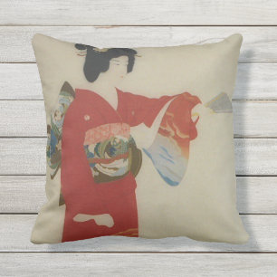 Coussin D'extérieur Femme japonaise vintage dans le kimono rouge