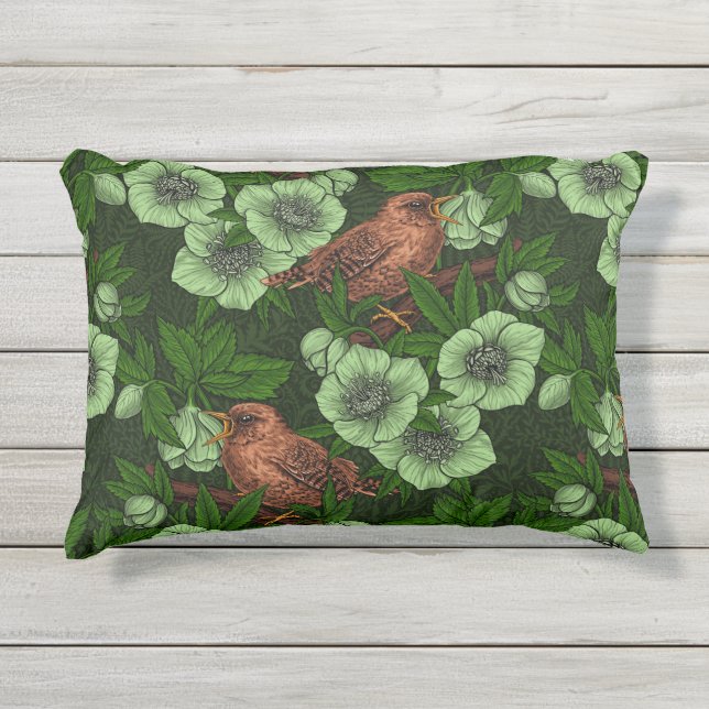 Coussin D'extérieur Feu et hellebore sur vert foncé (Devant)