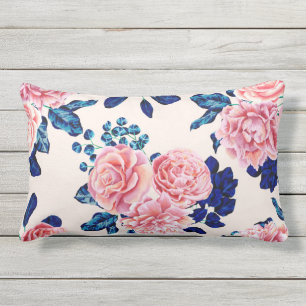Coussin D'extérieur Fille Rose Marine Bleu Pays Fleurs Peintes