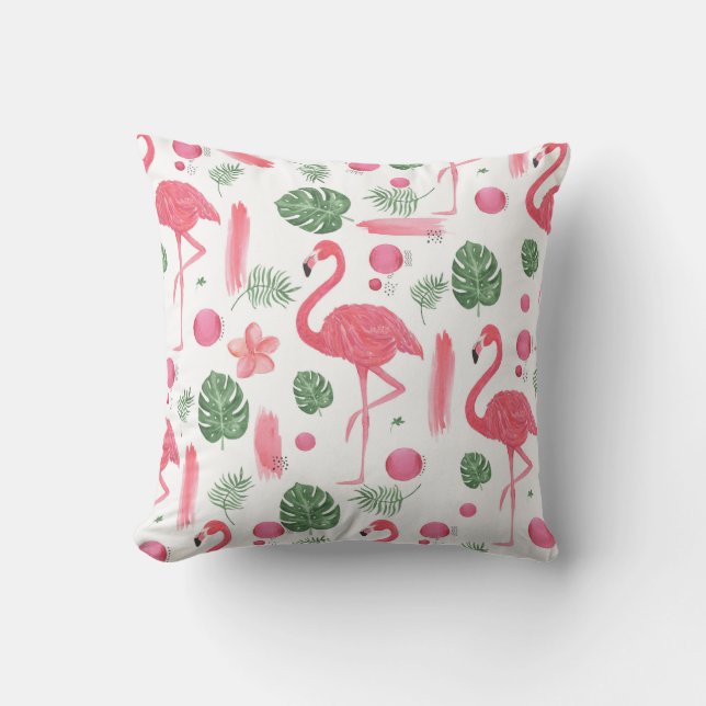 Coussin D'extérieur Flamant élégant tropical d'aquarelle rose floral (Recto)
