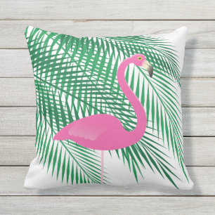 Coussin D'extérieur Flamant rose et palmettes tropicaux sur le blanc -
