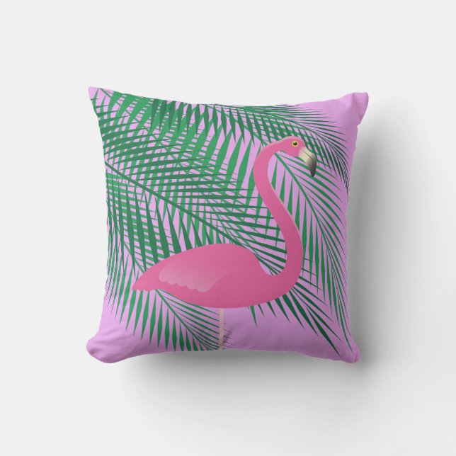 Coussin D'extérieur Flamant rose rose et violet et Feuilles de palme - (Recto)