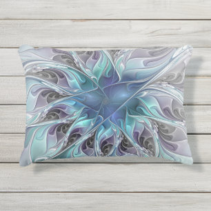Coussin D'extérieur Fleur Abstraite Fractale Moderne Avec Bleu