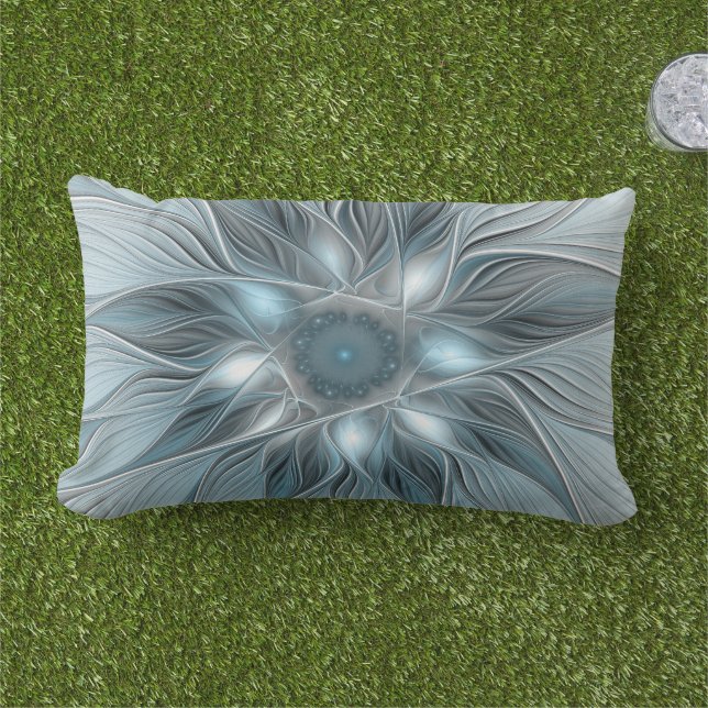 Coussin D'extérieur Fleur abstraite joyeuse bleu gris floral fractal (Herbe)