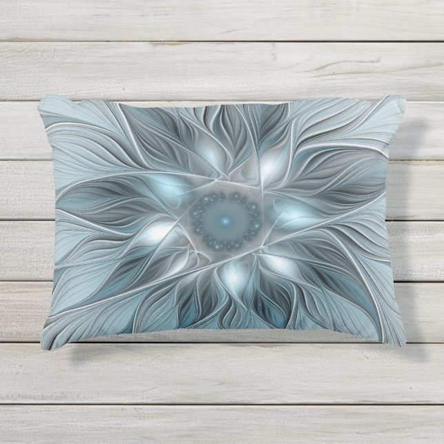 Coussin D'extérieur Fleur abstraite joyeuse bleu gris floral fractal (Devant)