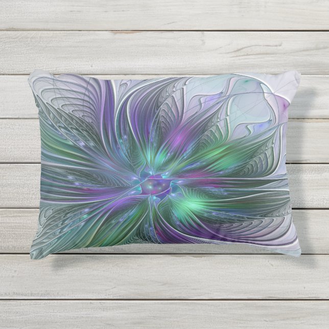 Coussin D'extérieur Fleur Abstraite Moderne Art Fractal Vert Violet (Devant)