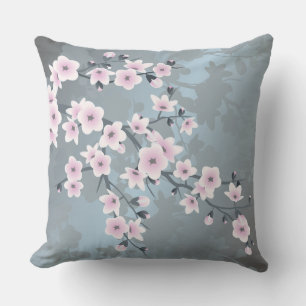 Coussin D'extérieur Fleur de cerisier rose gris bleu floral