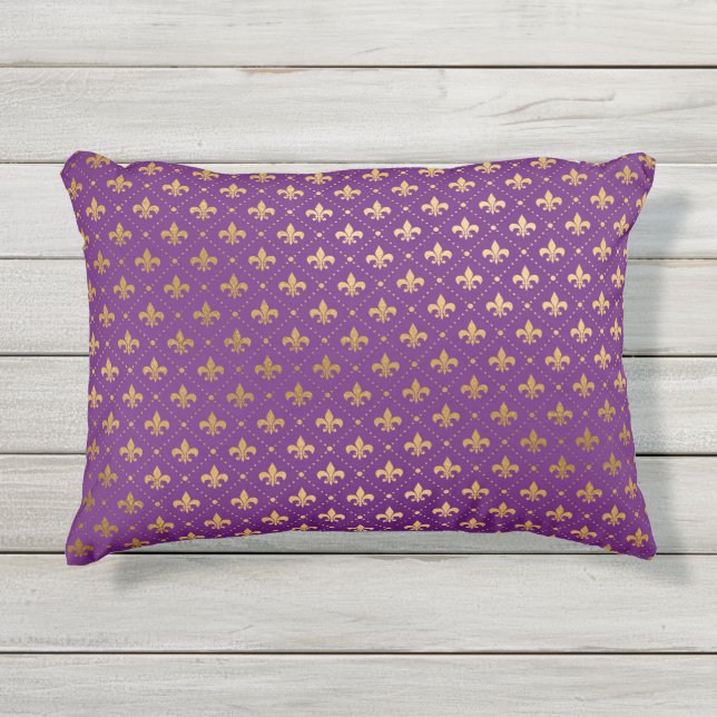 Coussin D'extérieur Fleur De Lis Doré Élégant Mardi Gras Violet (Devant)