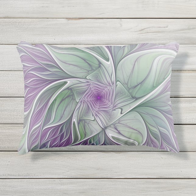 Coussin D'extérieur Fleur de rêve, art fractal abstrait violet vert (Devant)