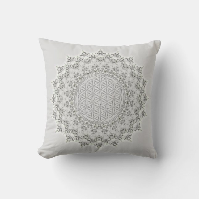 Coussin D'extérieur Fleur de vie - Mandala gris vert (Recto)
