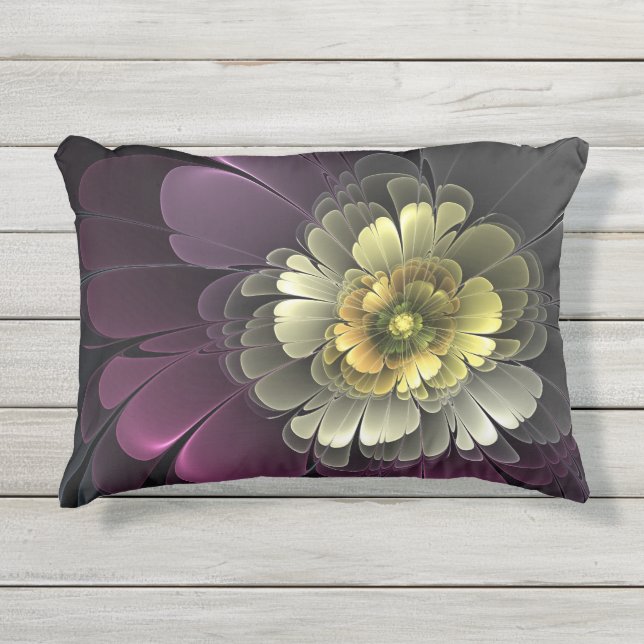 Coussin D'extérieur Fleur fractale grise et pourpre moderne abstraite (Devant)
