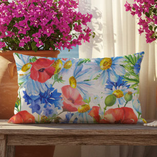 Coussin D'extérieur Fleurs aquarelles estivales bleu rouge jaune extér