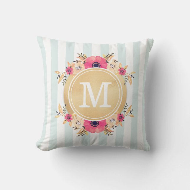 Coussin D'extérieur Fleurs d'aquarelle à la menthe Faux or Monogramme (Recto)