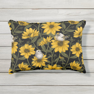 Coussin D'extérieur Fleurs de soleil sauvages et oiseaux de crête doré