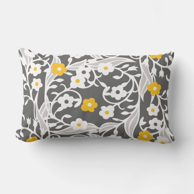 Coussin D'extérieur Fleurs, feuilles, vignes, gris, blanc, jaune (Recto)