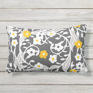 Coussin D'extérieur Fleurs, feuilles, vignes, gris, blanc, jaune