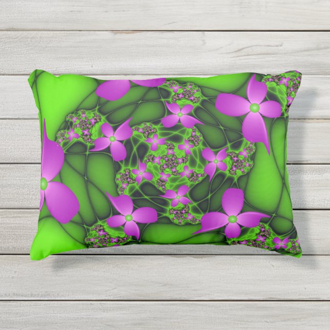 Coussin D'extérieur Fleurs fractales abstraites néon rose vert moderne (Devant)