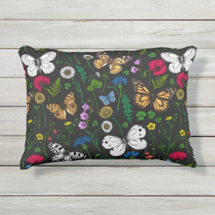 Coussin D'extérieur Fleurs sauvages et papillons sur le noir