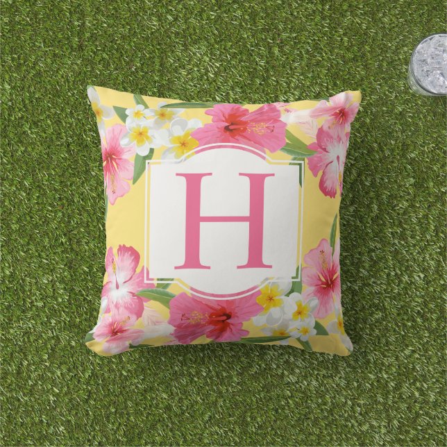Coussin D'extérieur Fleurs Tropicales Jaunes Roses Personnalisées Mono (Herbe)