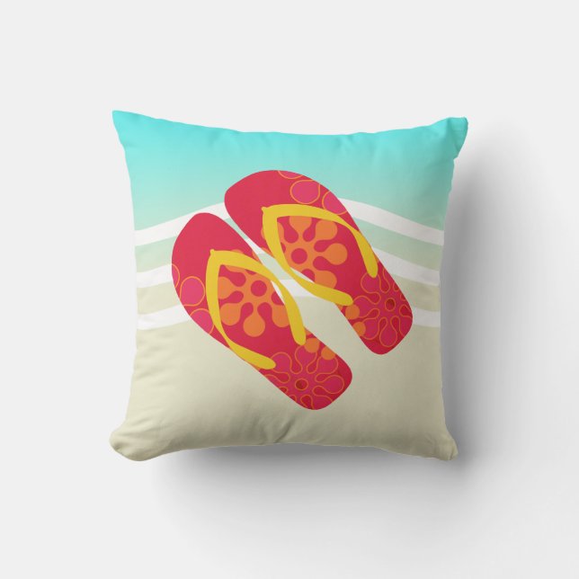 Coussin D'extérieur Flip Flops rouge Vagues de plage (Recto)