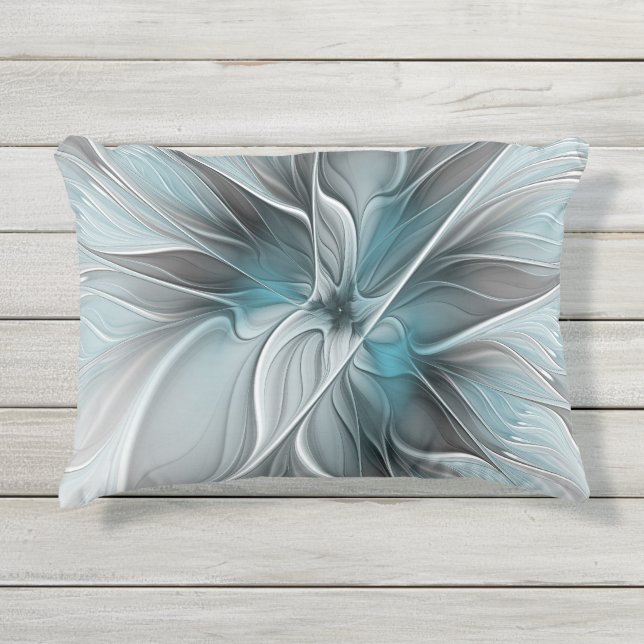 Coussin D'extérieur Floral Fractal Moderne Fleur Abstrait gris bleu (Devant)