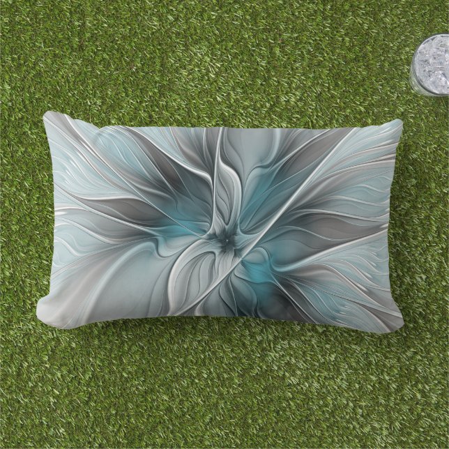 Coussin D'extérieur Fractal Floral Moderne Abstrait Fleur Bleu Gris (Herbe)