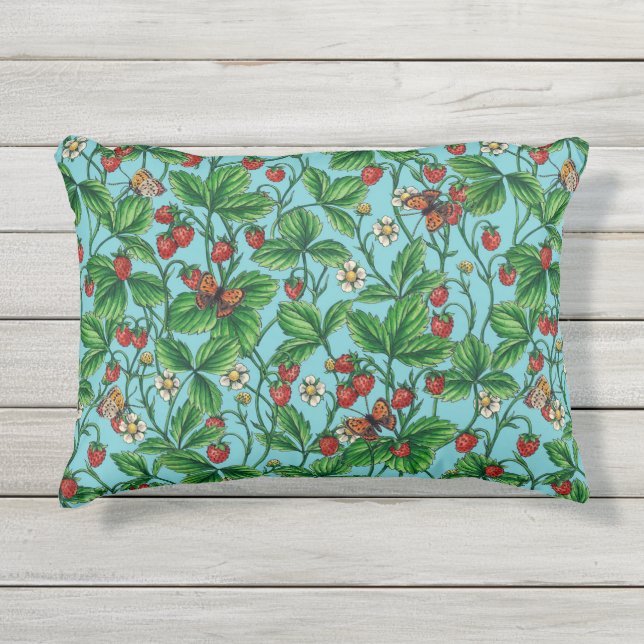 Coussin D'extérieur Fraises sauvages sur bleu piscine (Devant)