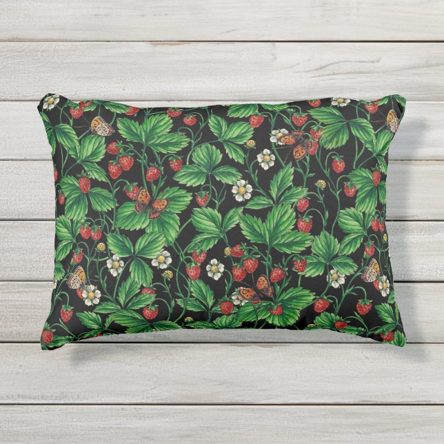 Coussin D'extérieur Fraises sauvages sur le noir (Devant)
