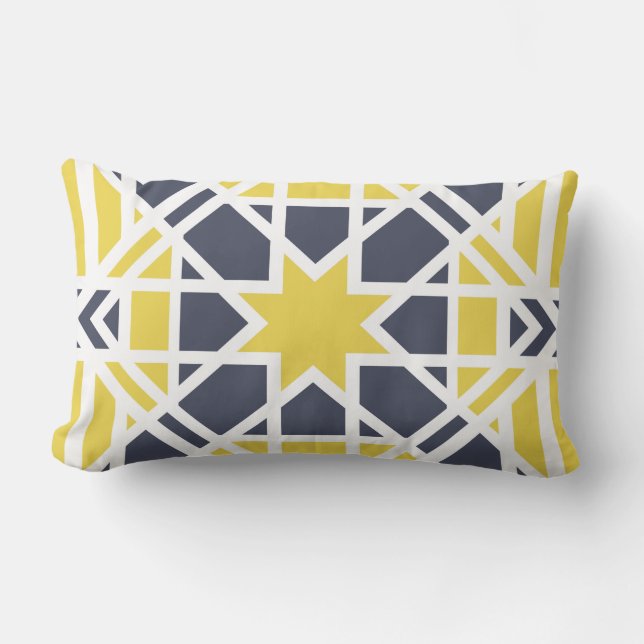 Coussin D'extérieur Géométrique, ornementale, jaune moutarde, bleu mar (Recto)