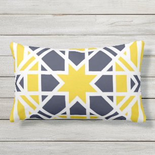 Coussin D'extérieur Géométrique, ornementale, jaune moutarde, bleu mar