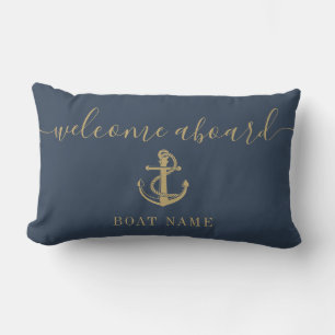Coussin D'extérieur Gold Welcome Aboard Nom du bateau Ancre Marine Blu