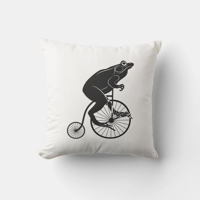 Coussin D'extérieur Grenouille ou crapaud noire et blanche sur un vélo (Recto)