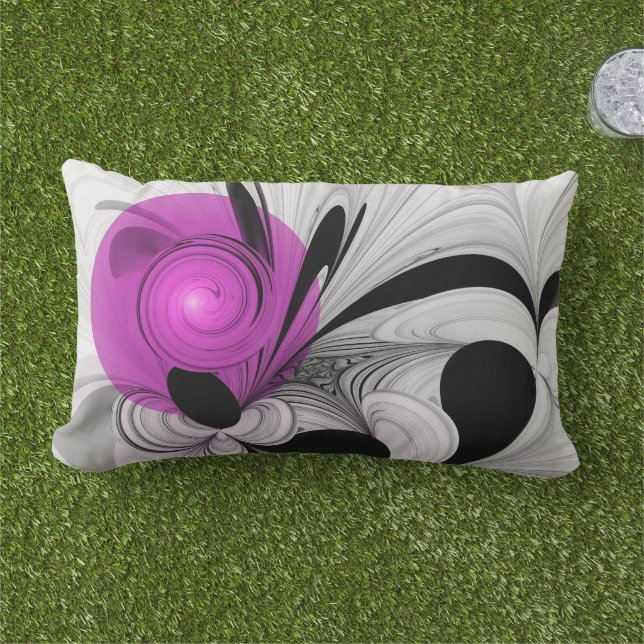 Coussin D'extérieur Gris Noir Abstrait Avec Art Fractal Magenta (Herbe)