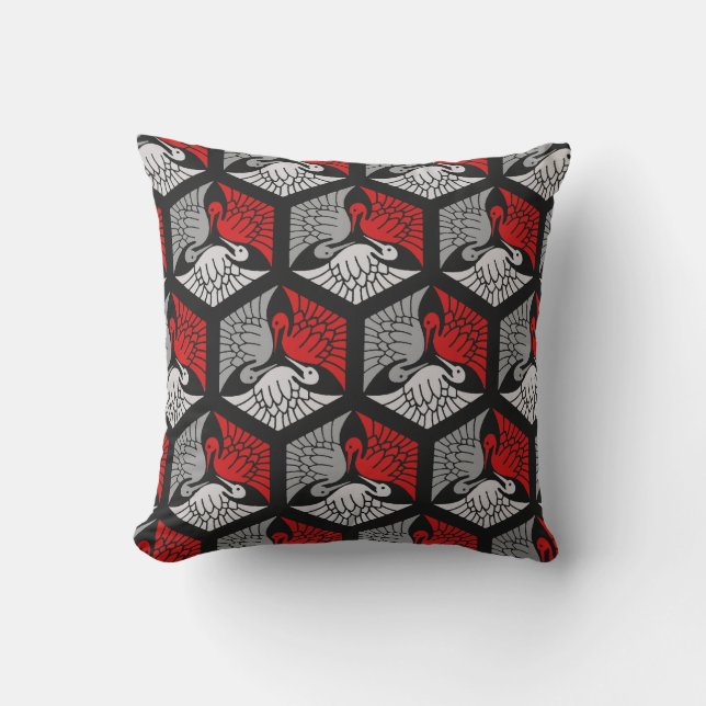 Coussin D'extérieur Grues japonaises, rouge, gris / gris / noir (Recto)