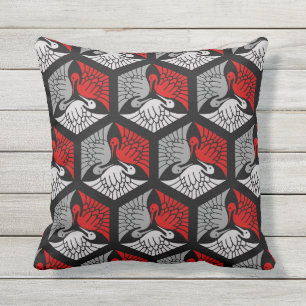 Coussin D'extérieur Grues japonaises, rouge, gris / gris / noir