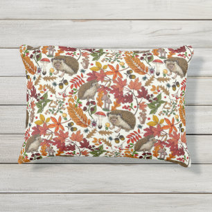 Coussin D'extérieur Hérissons et flore de forêt automnale sur ivoire