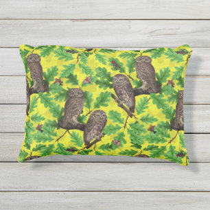 Coussin D'extérieur Hiboux dans la forêt sur fond jaune citron