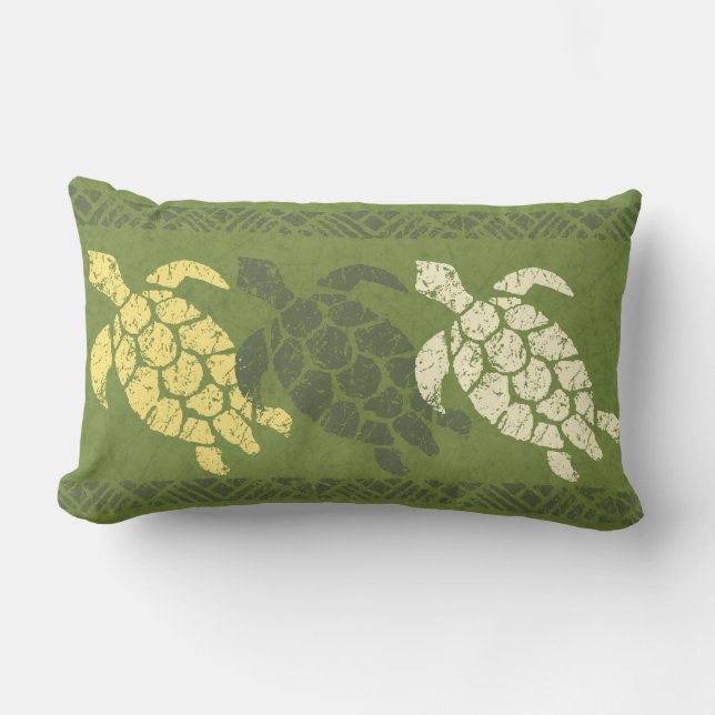 Coussin D'extérieur Honu Sea Turtle Hawaiian Reversible Batik - Olive (Recto)