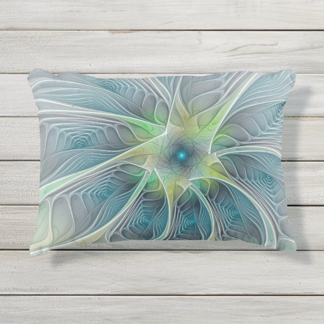 Coussin D'extérieur Imaginaire fleuri Moderne Bleu Vert Fractal Fleur (Devant)
