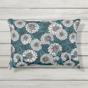 Coussin D'extérieur Jardin blanc Dahlia / feuilles bleus 2