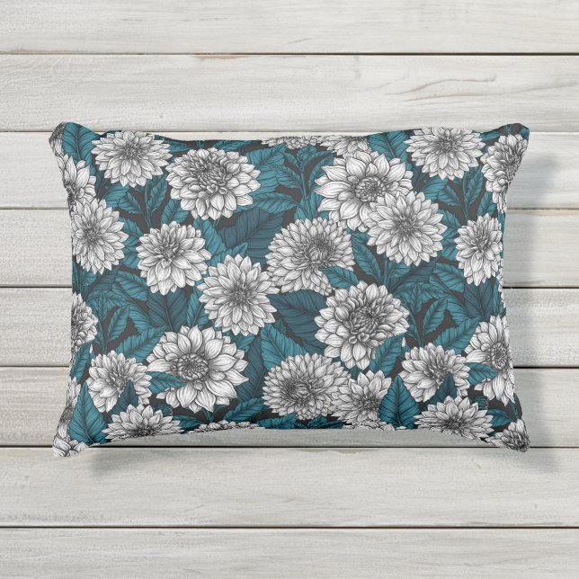 Coussin D'extérieur Jardin blanc Dahlia / feuilles bleus 2 (Devant)